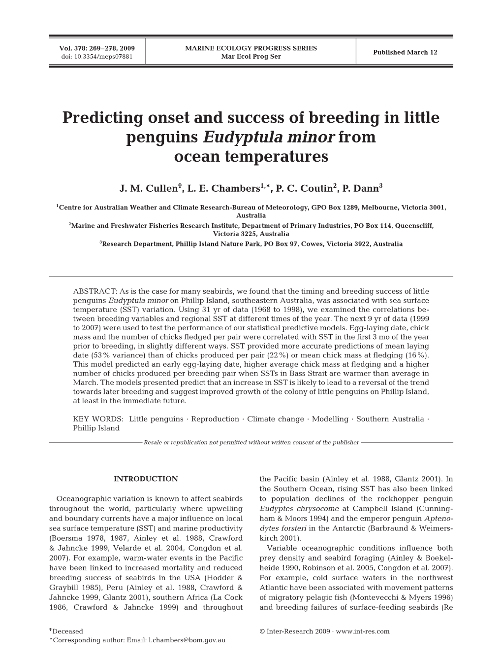 Predicting Onset and Success of Breeding in Little Penguins Eudyptula Minor from Ocean Temperatures