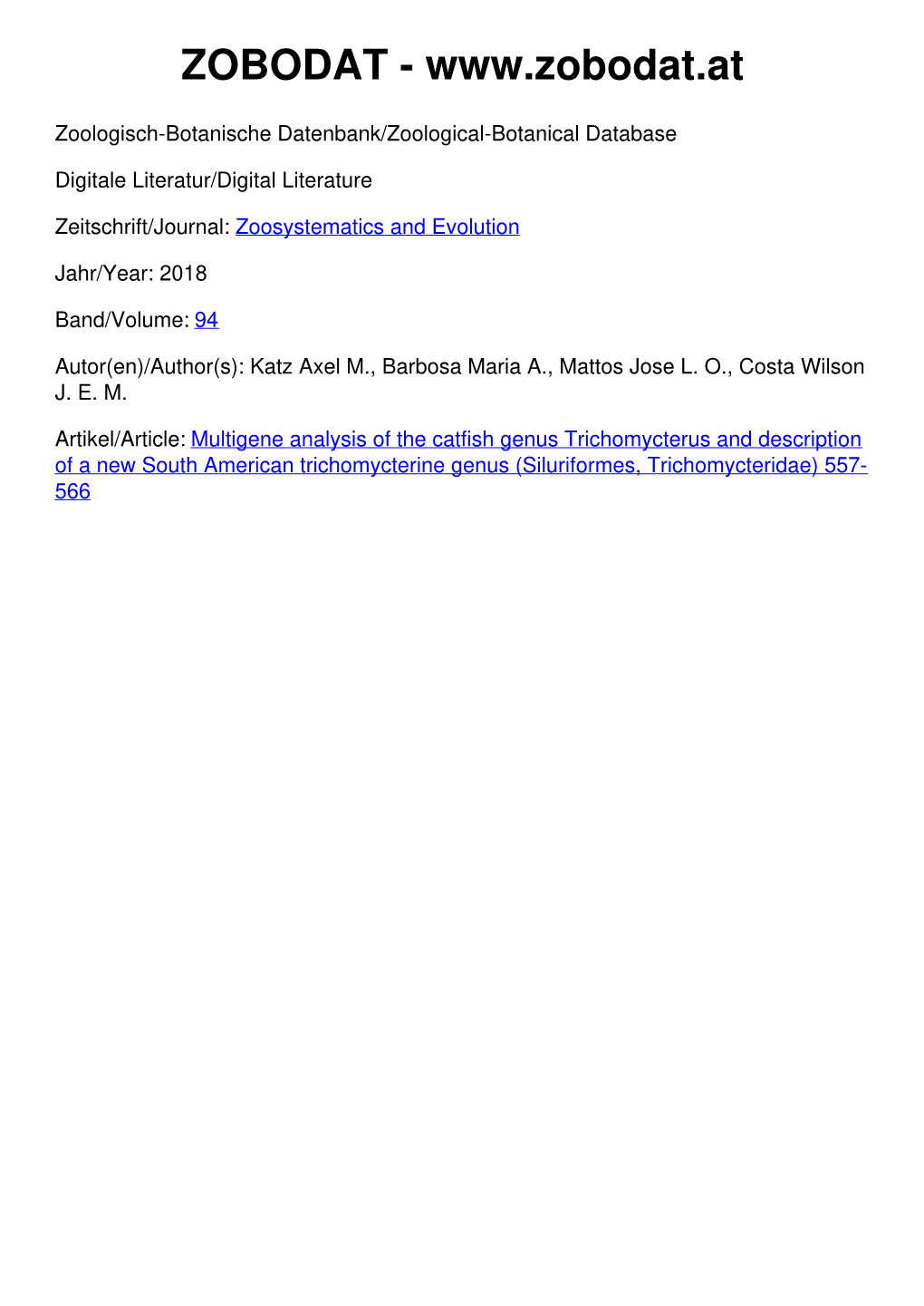 ﻿Multigene Analysis of the Catfish Genus Trichomycterus