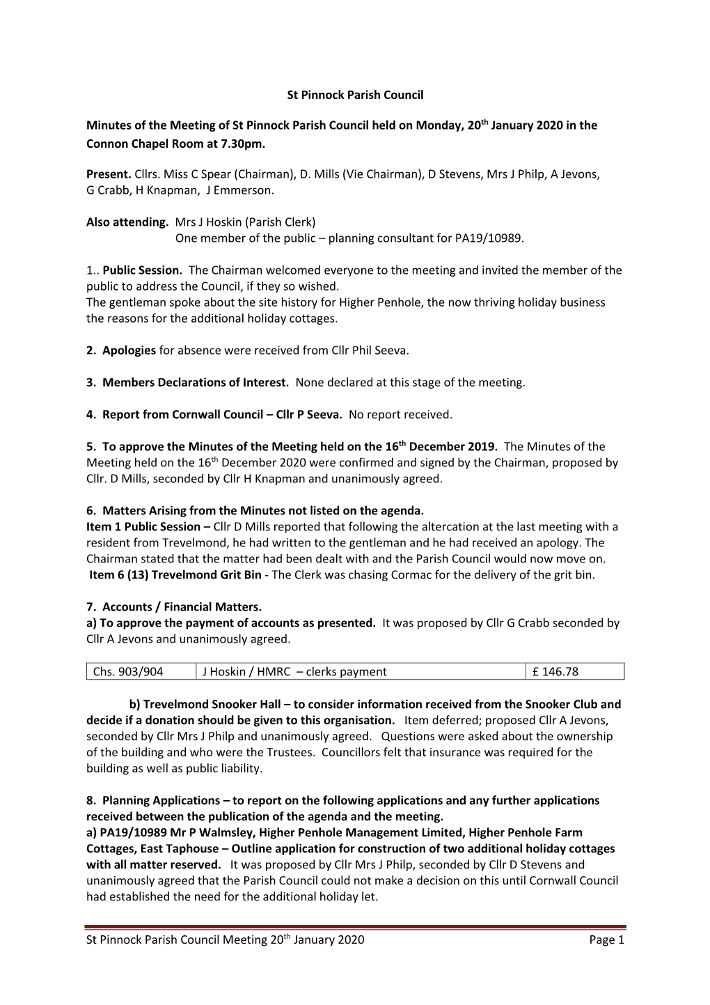 Minutes of the Meeting of St Pinnock Parish Council Held on Monday, 20Th January 2020 in the Connon Chapel Room at 7.30Pm