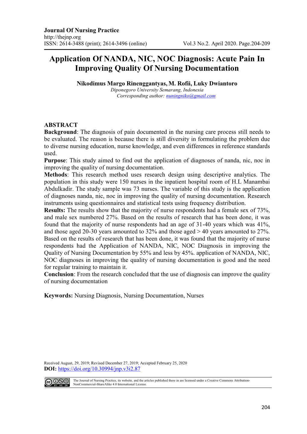 Application of NANDA, NIC, NOC Diagnosis: Acute Pain in Improving Quality of Nursing Documentation