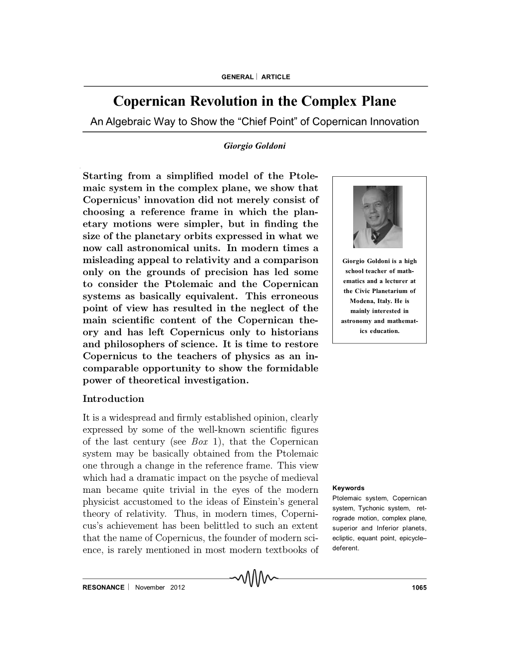 Copernican Revolution in the Complex Plane an Algebraic Way to Show the “Chief Point” of Copernican Innovation