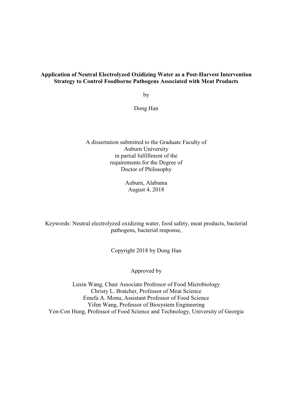 Application of Neutral Electrolyzed Oxidizing Water As a Post-Harvest Intervention Strategy to Control Foodborne Pathogens Associated with Meat Products