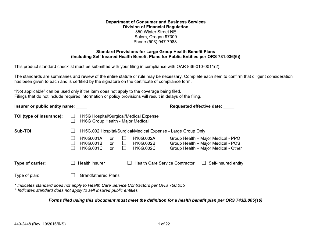 Form 2448, Standard Provisions for Group Health Benefit Plans, Form # 440-2448, Rev. 02/2013