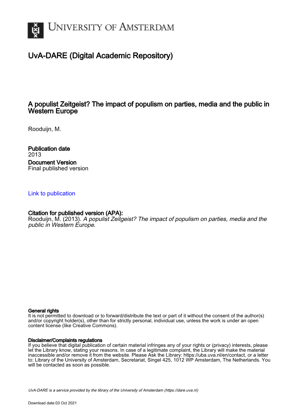 A Populist Zeitgeist? the Impact of Populism on Parties, Media and the Public in Western Europe