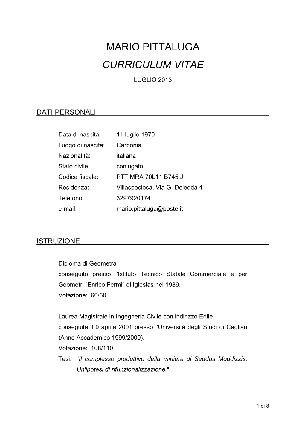 Curriculum Vitae Mario Pittaluga