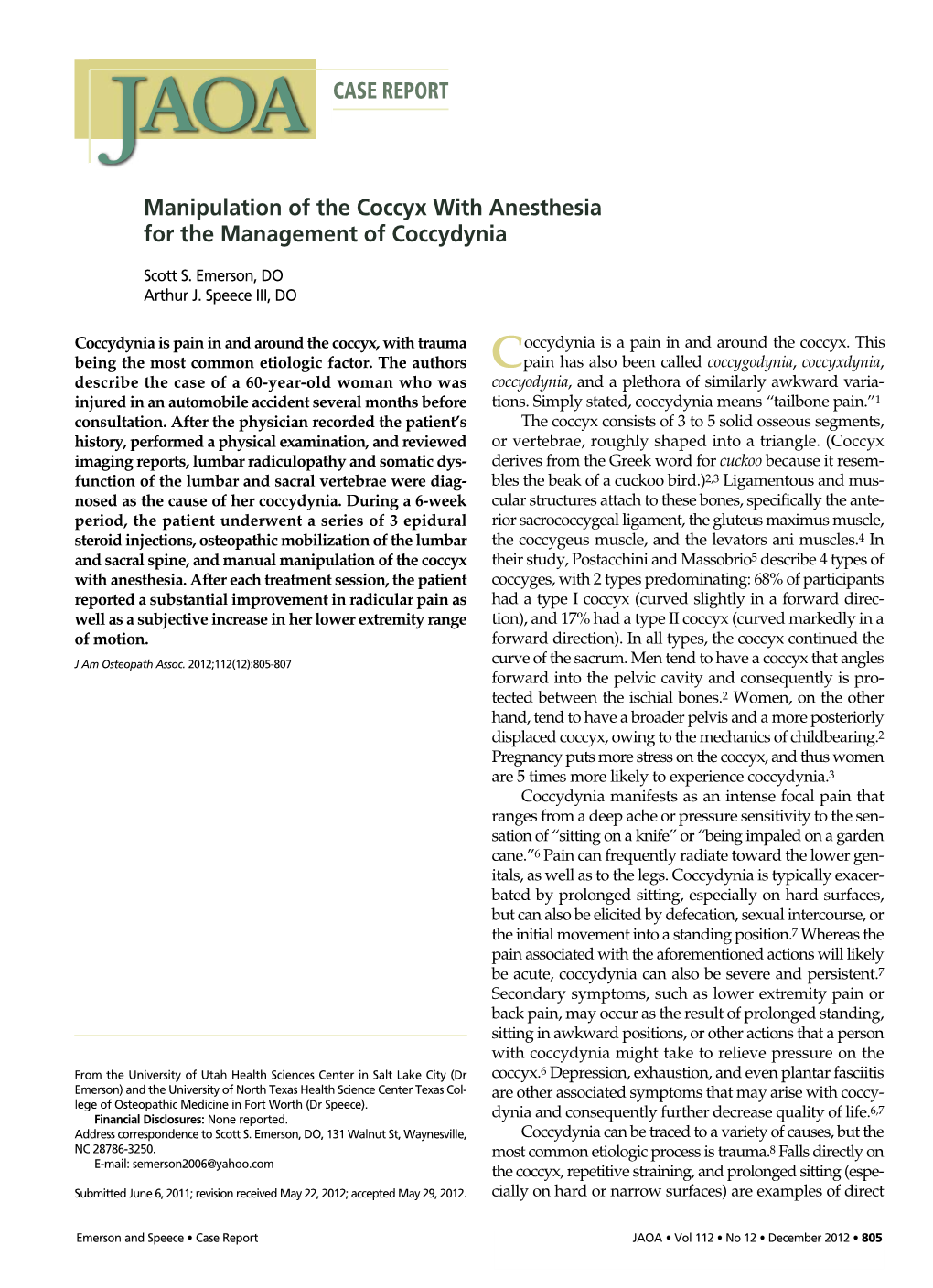 Manipulation of the Coccyx with Anesthesia for the Management of Coccydynia