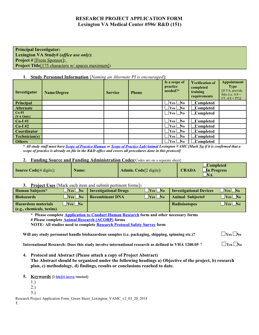 Research Project Application Form Green Sheet