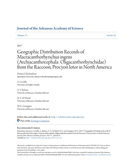 Geographic Distribution Records of Macracanthorhynchus Ingens (Archiacanthocephala: Oligacanthorhynchidae) from the Raccoon, Procyon Lotor in North America Dennis J