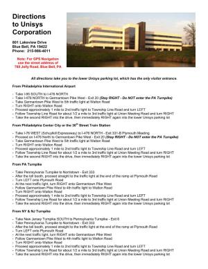 Directions to Unisys Corporation