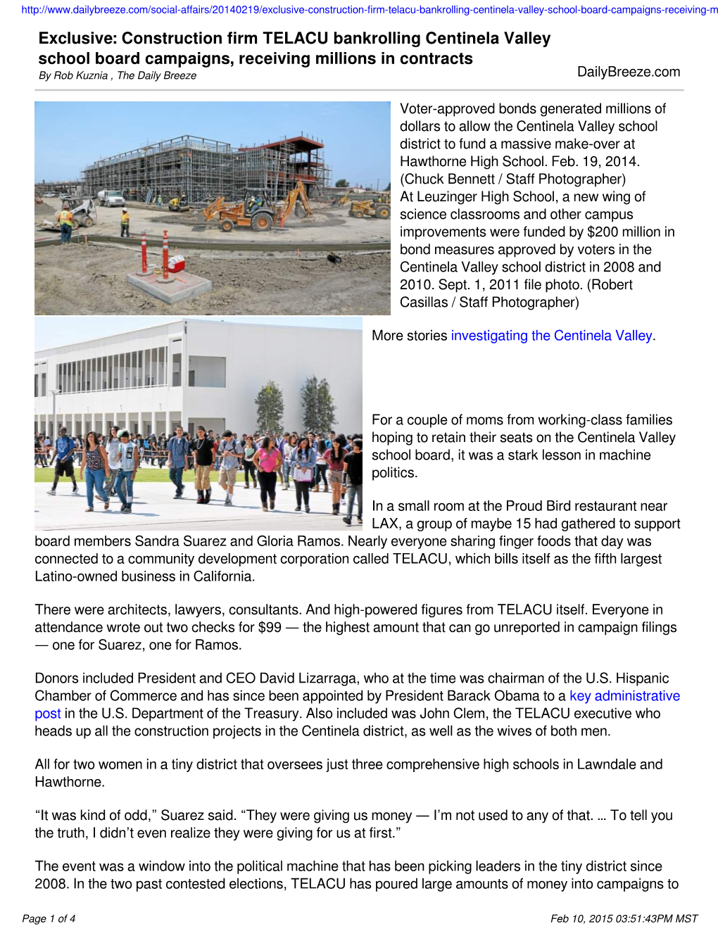 Construction Firm TELACU Bankrolling Centinela Valley School Board Campaigns, Receiving Millions in Contracts by Rob Kuznia , the Daily Breeze Dailybreeze.Com