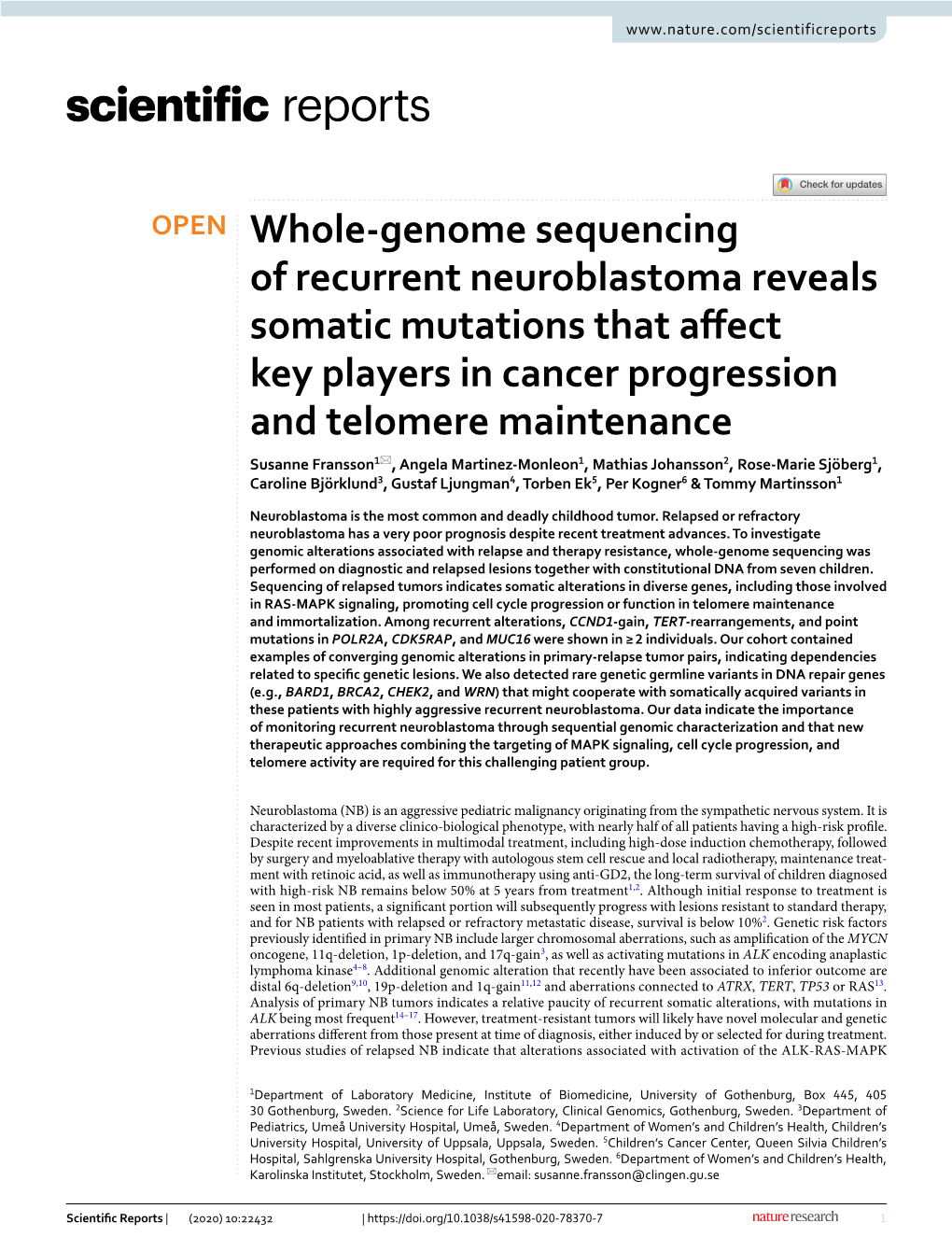 Whole-Genome Sequencing of Recurrent Neuroblastoma Reveals Somatic Mutations That Affect Key Players in Cancer Progression and T