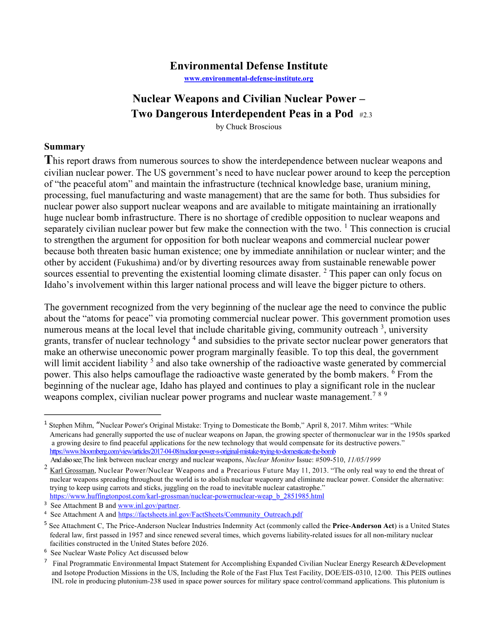 Nuclear Weapons and Civilian Nuclear Power – Two Dangerous Interdependent Peas in a Pod #2.3 by Chuck Broscious