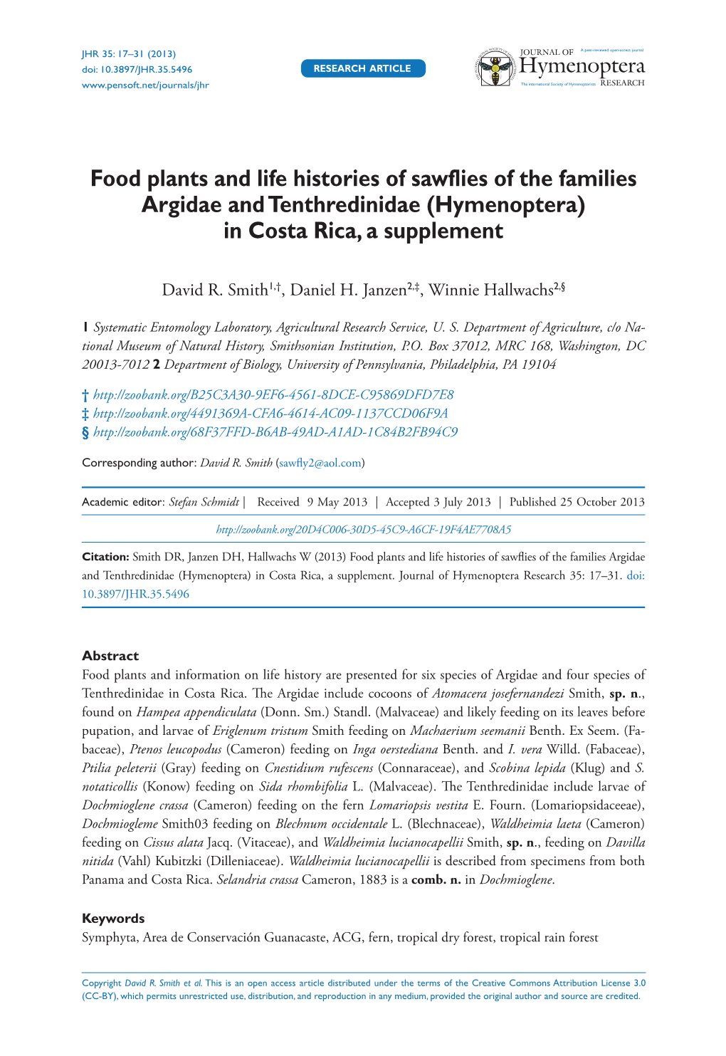 Food Plants and Life Histories of Sawflies of the Families Argidae and Tenthredinidae (Hymenoptera) in Costa Rica, a Supplement