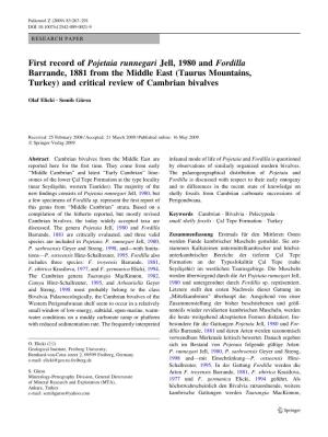 First Record of Pojetaia Runnegari Jell, 1980 and Fordilla Barrande, 1881 from the Middle East (Taurus Mountains, Turkey) and Critical Review of Cambrian Bivalves