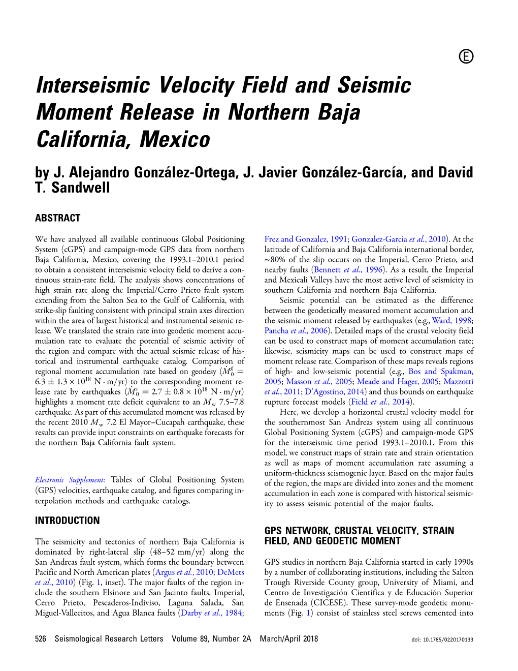 Interseismic Velocity Field and Seismic Moment Release in Northern Baja California, Mexico by J