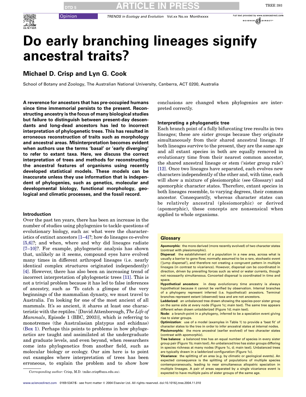 Do Early Branching Lineages Signify Ancestral Traits?