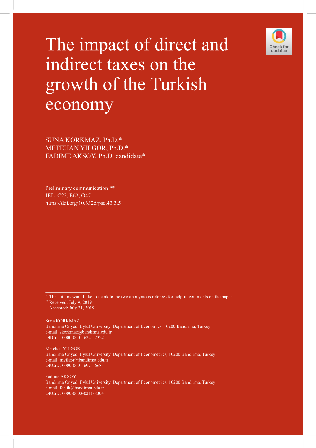 The Impact of Direct and Indirect Taxes on the Growth of the Turkish Economy