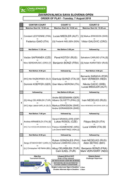 ZAVAROVALNICA SAVA SLOVENIA OPEN ORDER of PLAY - Tuesday, 7 August 2018