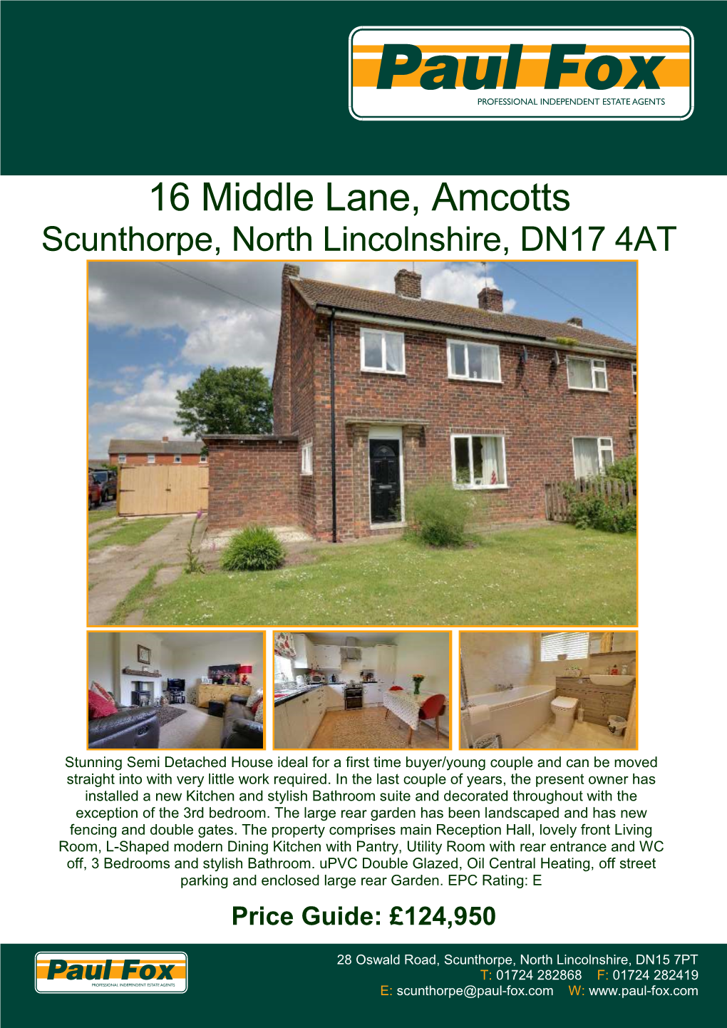 16 Middle Lane, Amcotts Scunthorpe, North Lincolnshire, DN17 4AT