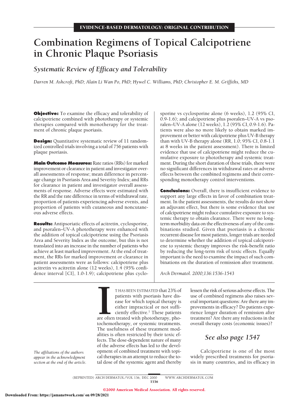 Combination Regimens of Topical Calcipotriene in Chronic Plaque Psoriasis Systematic Review of Efficacy and Tolerability