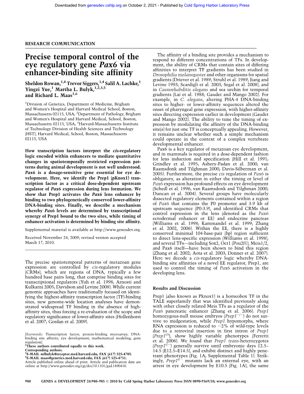 Precise Temporal Control of the Eye Regulatory Gene Pax6 Via Enhancer-Binding Site Affinity