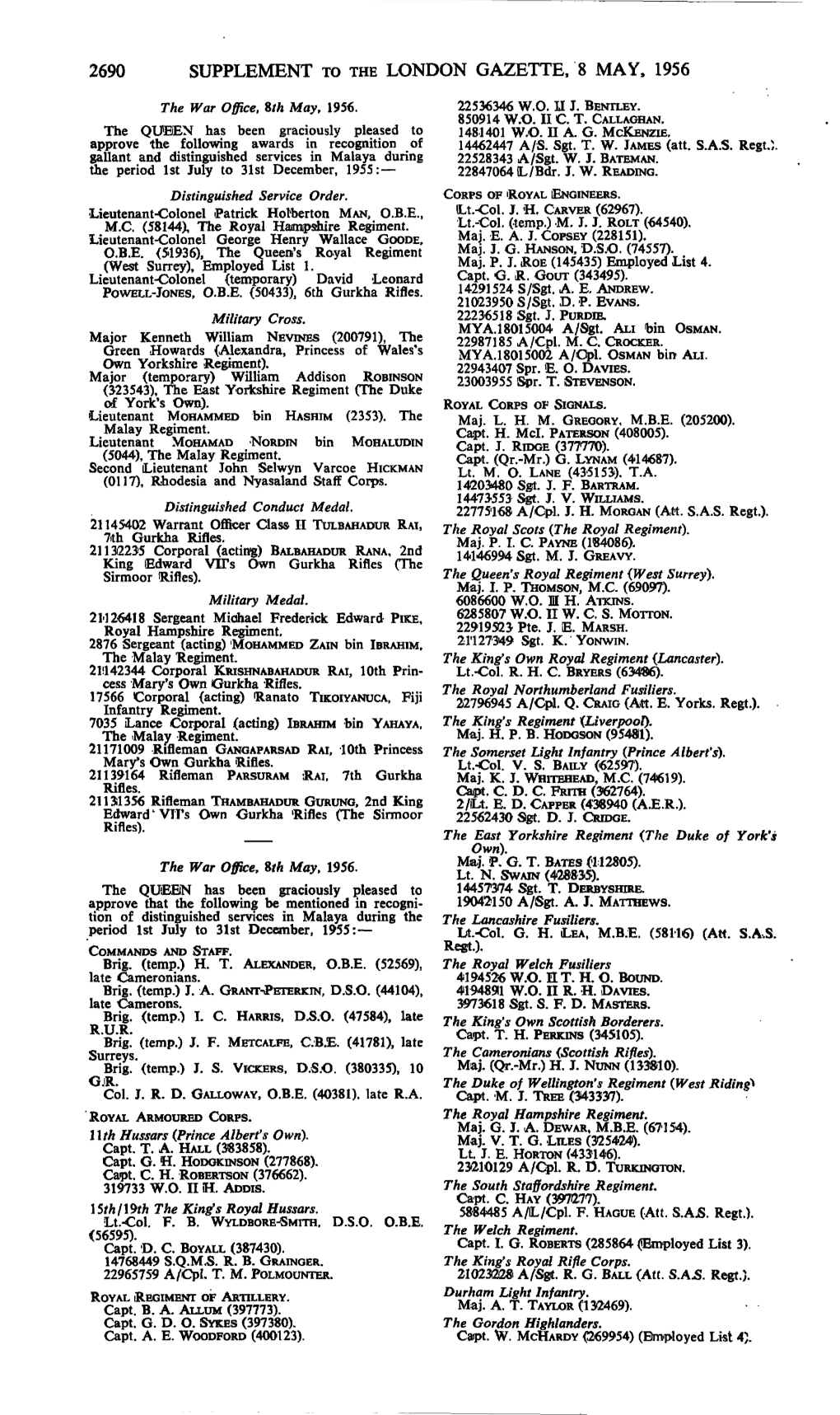 2690 Supplement to the London Gazette, 8 May, 1956