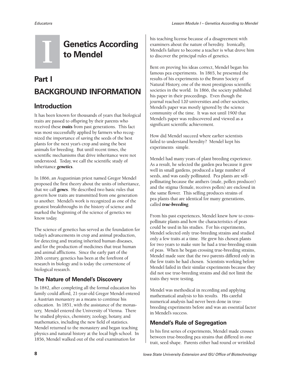 Module I – Genetics According to Mendel