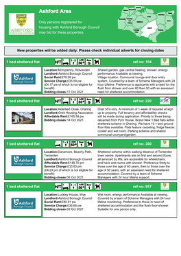 New Properties Will Be Added Daily. Please Check Individual Adverts for Closing Dates 1 Bed Flat Ref No