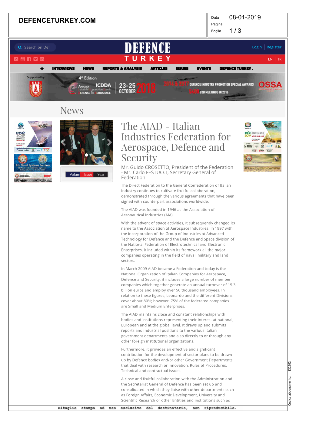 News the AIAD - Italian Industries Federation for Aerospace, Defence and Security Mr