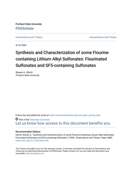 Synthesis and Characterization of Some Flourine-Containing Lithium Alkyl Sulfonates: Flourinated Sulfonates and SF5-Containing Sulfonates" (1994)