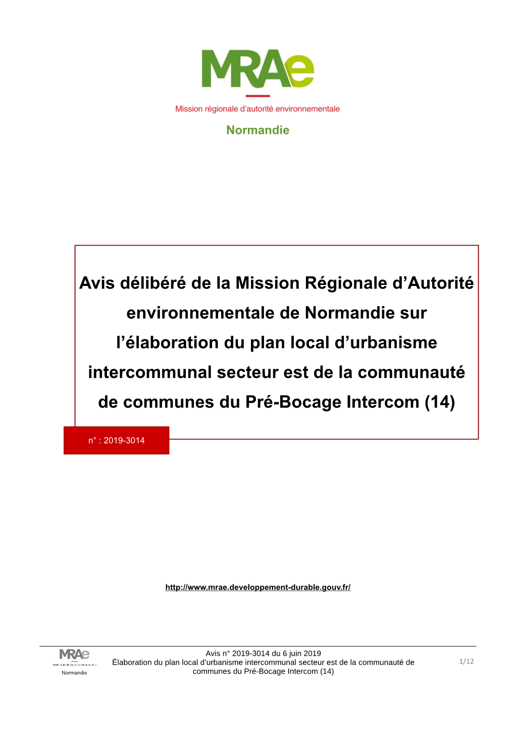 Avis Délibéré De La Mission Régionale D'autorité Environnementale De