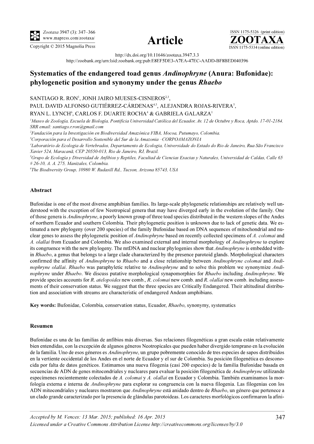 Systematics of the Endangered Toad Genus Andinophryne (Anura: Bufonidae): Phylogenetic Position and Synonymy Under the Genus Rhaebo