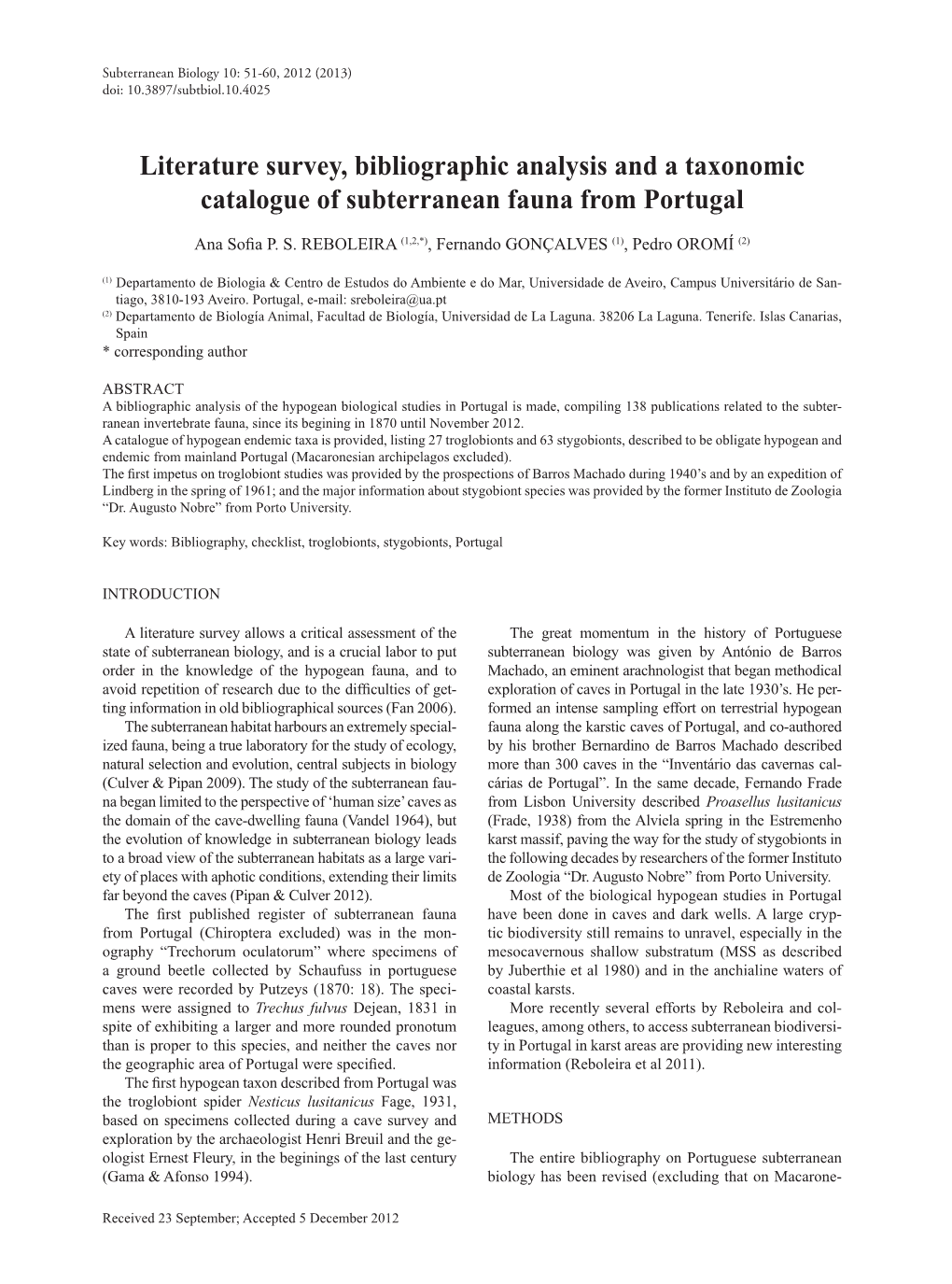 Literature Survey, Bibliographic Analysis and a Taxonomic Catalogue of Subterranean Fauna from Portugal