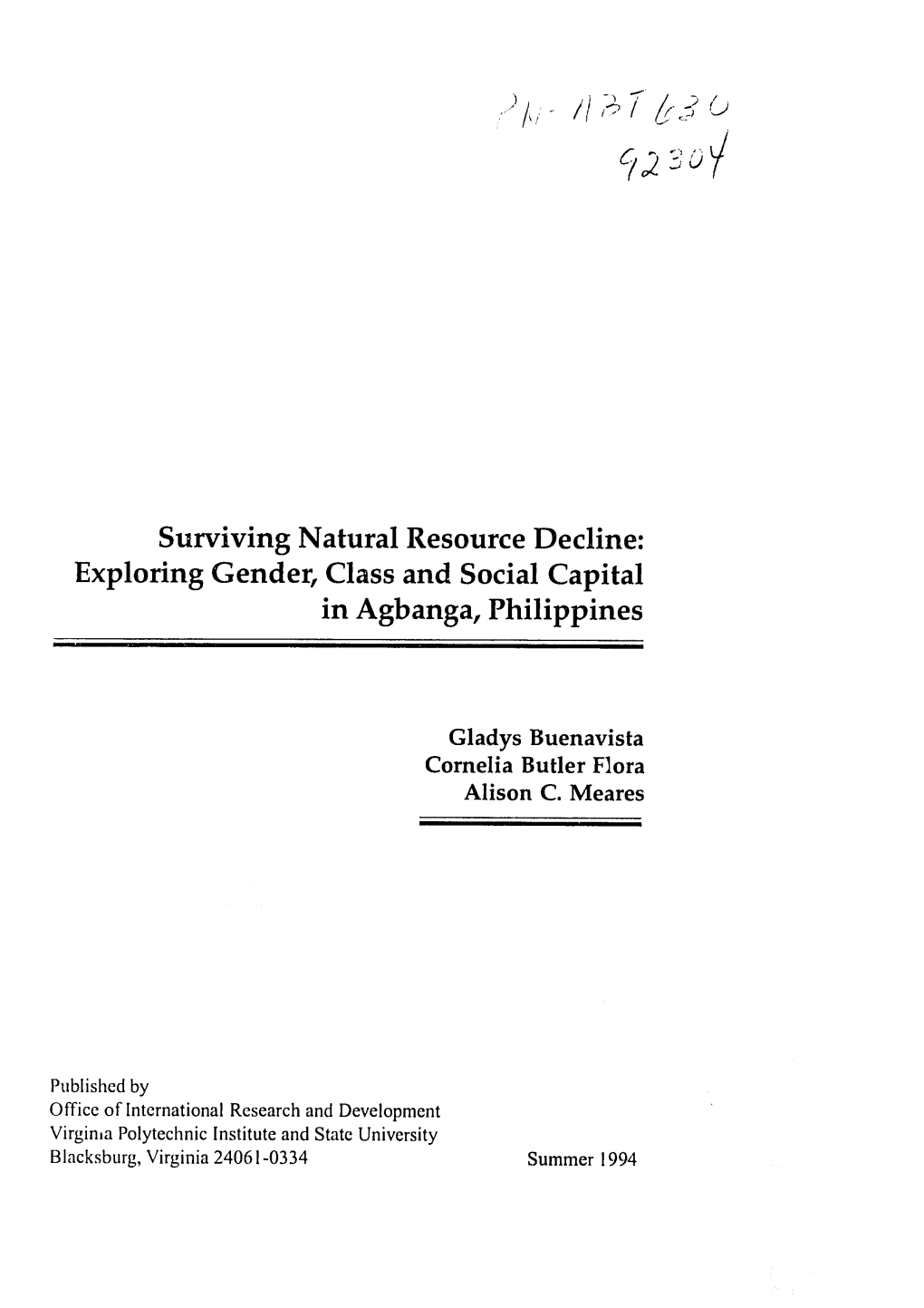 Surviving Natural Resource Decline: Exploring Gender, Class and Social Capital in Agbanga, Philippines