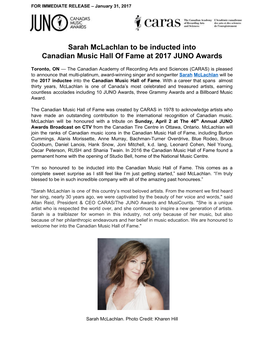 Sarah Mclachlan to Be Inducted Into Canadian Music Hall of Fame at 2017 JUNO Awards