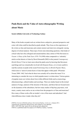 Punk Rock and the Value of Auto-Ethnographic Writing About Music