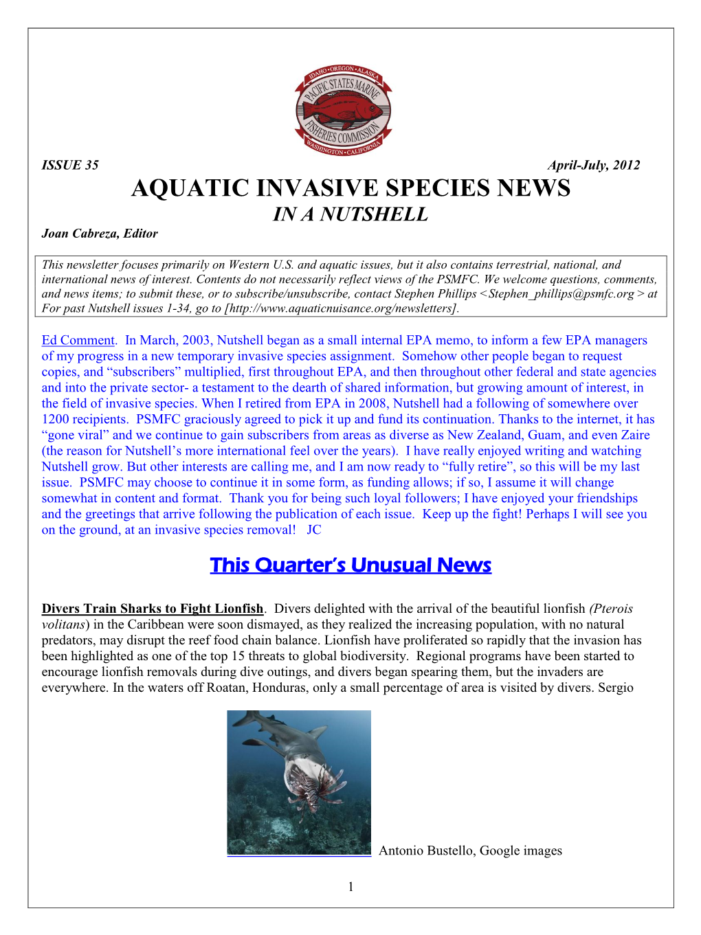 Aquatic Nuisance Species News in a Nutshell #35 (April – July 2012)