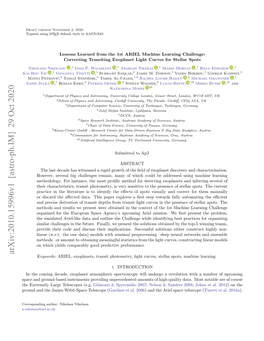 Arxiv:2010.15996V1 [Astro-Ph.IM] 29 Oct 2020 Keywords: ARIEL, Exoplanets, Transit Photometry, Light Curves, Stellar Spots, Machine Learning