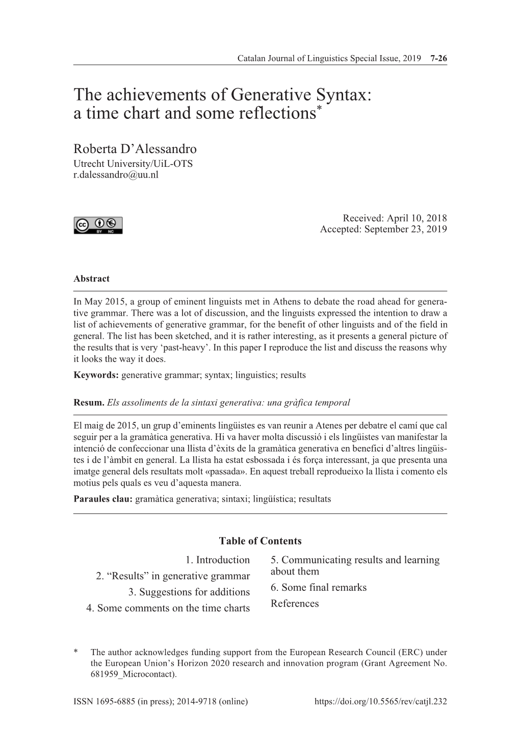 The Achievements of Generative Syntax: a Time Chart and Some Reflections*