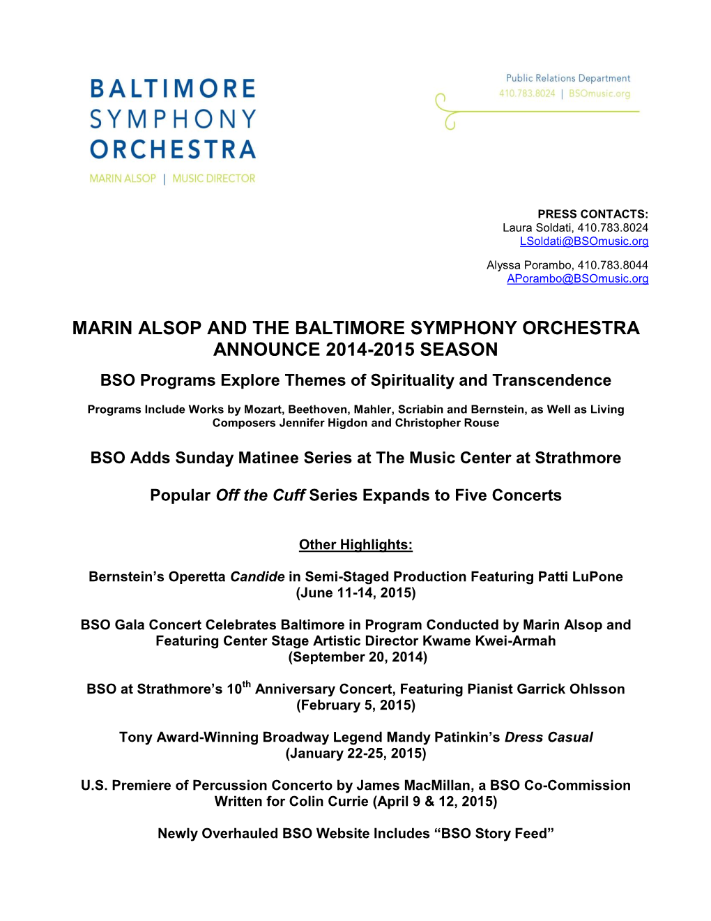 Baltimore Symphony Orchestra and Marin Alsop Announce 2009