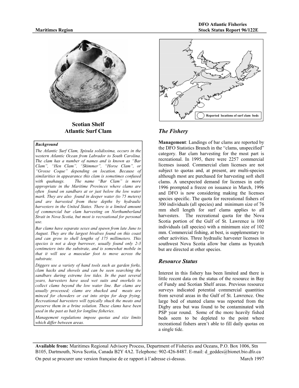 Scotian Shelf Atlantic Surf Clam the Fishery Resource Status