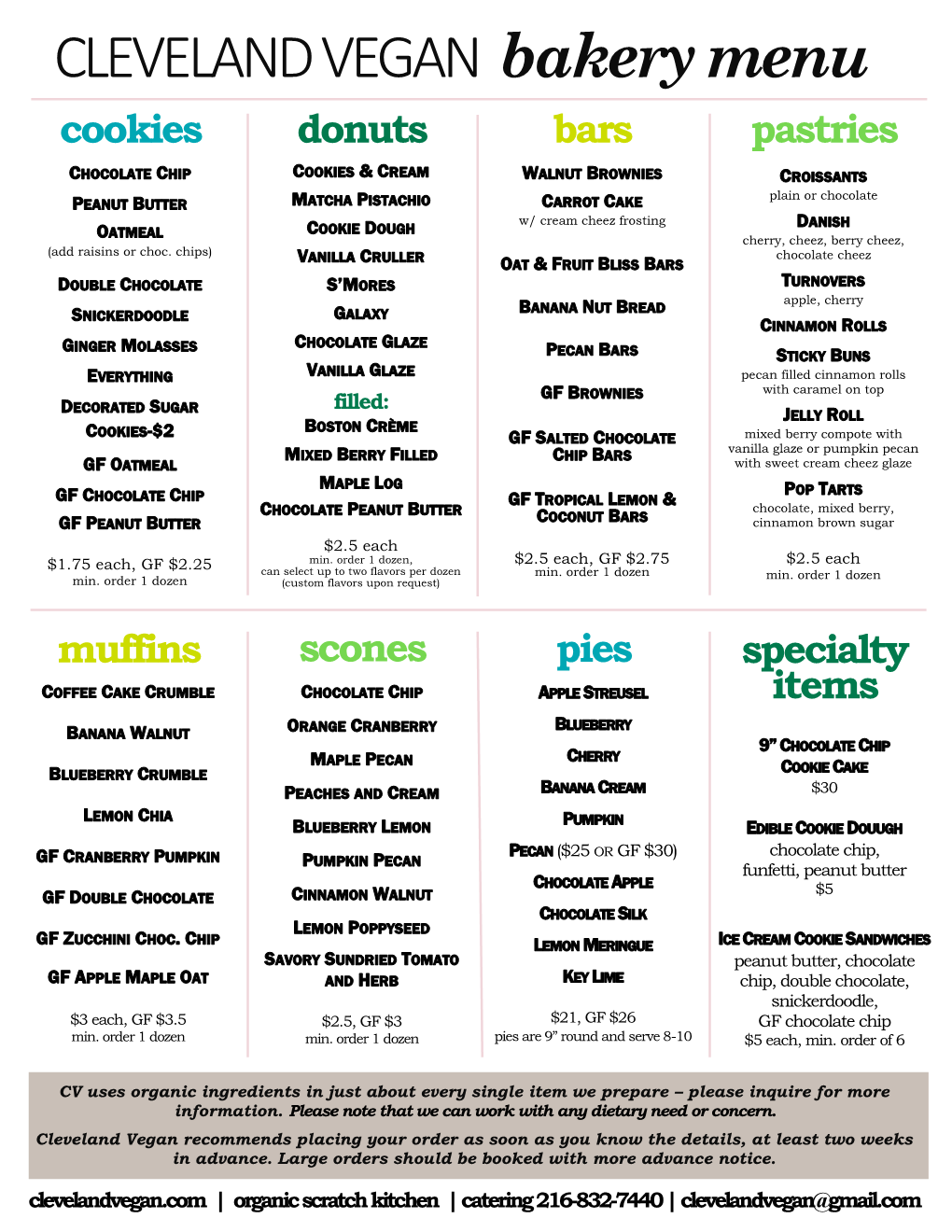 CLEVELAND VEGAN Bakery Menu Cookies Donuts Bars Pastries