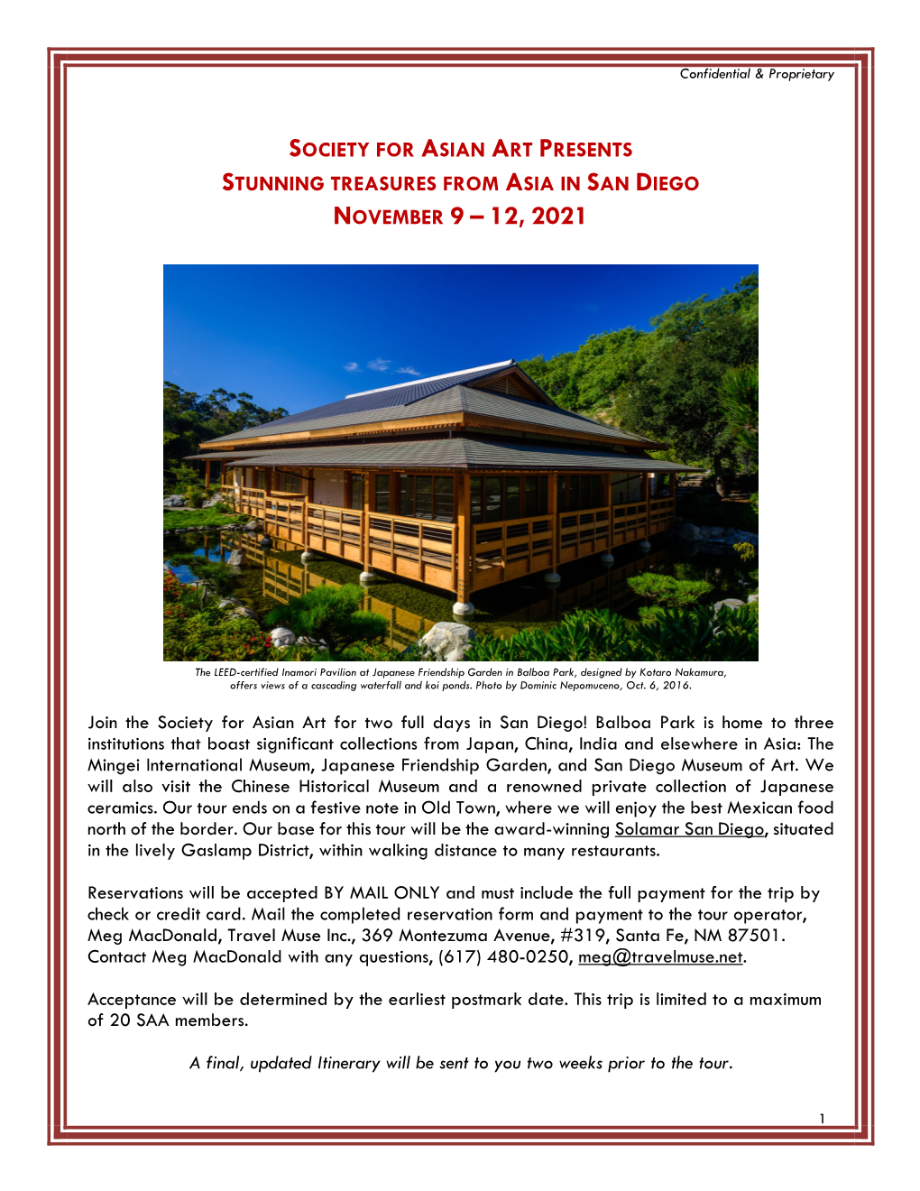 Society for Asian Art 2021 San Diego Trip Flyer and Reservation Form