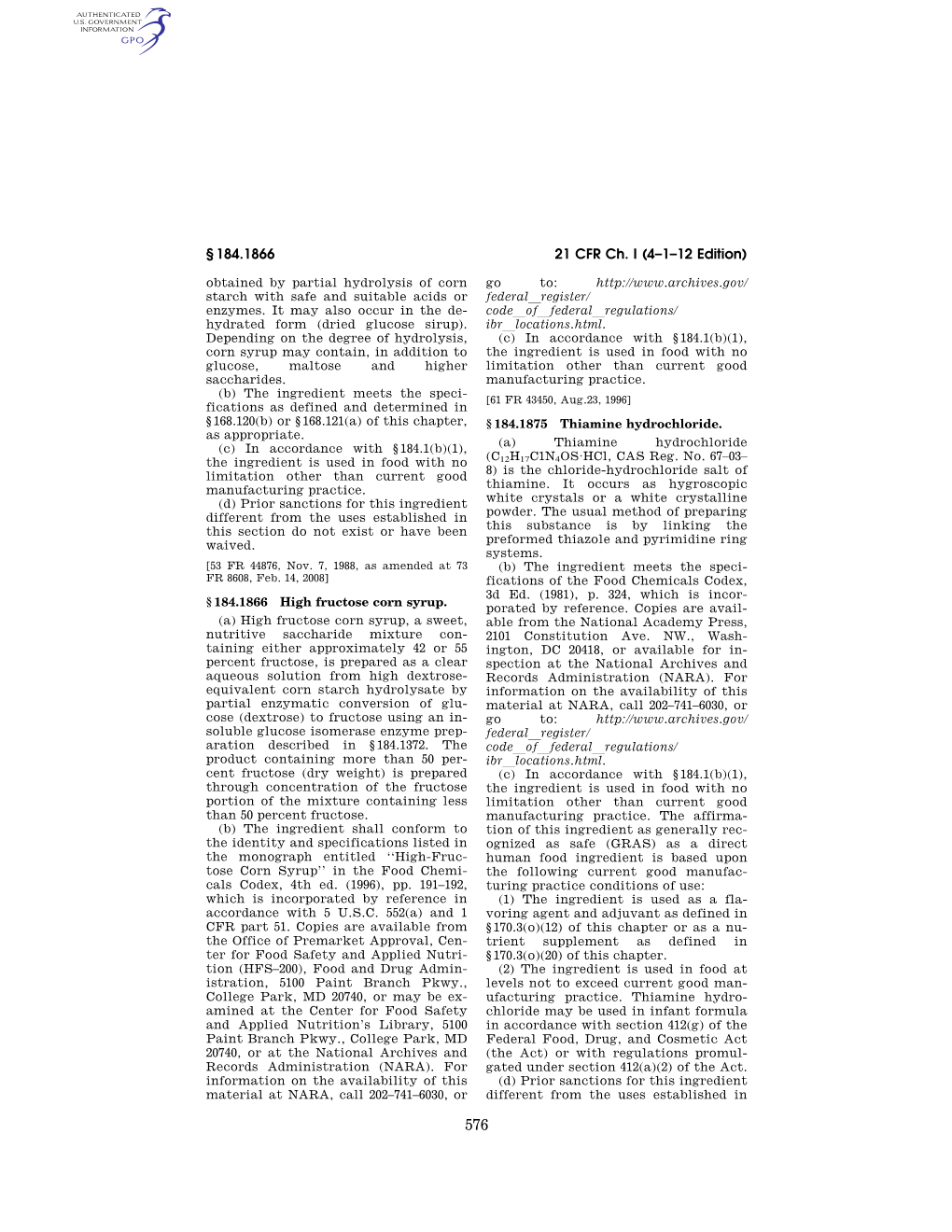 21 CFR Ch. I (4–1–12 Edition) § 184.1866