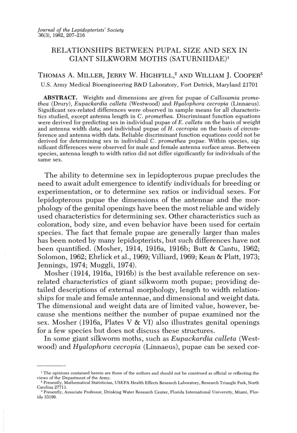 RELATIONSHIPS BETWEEN PUPAL SIZE and SEX in GIANT SILKWORM MOTHS (SATURNIIDAE)L