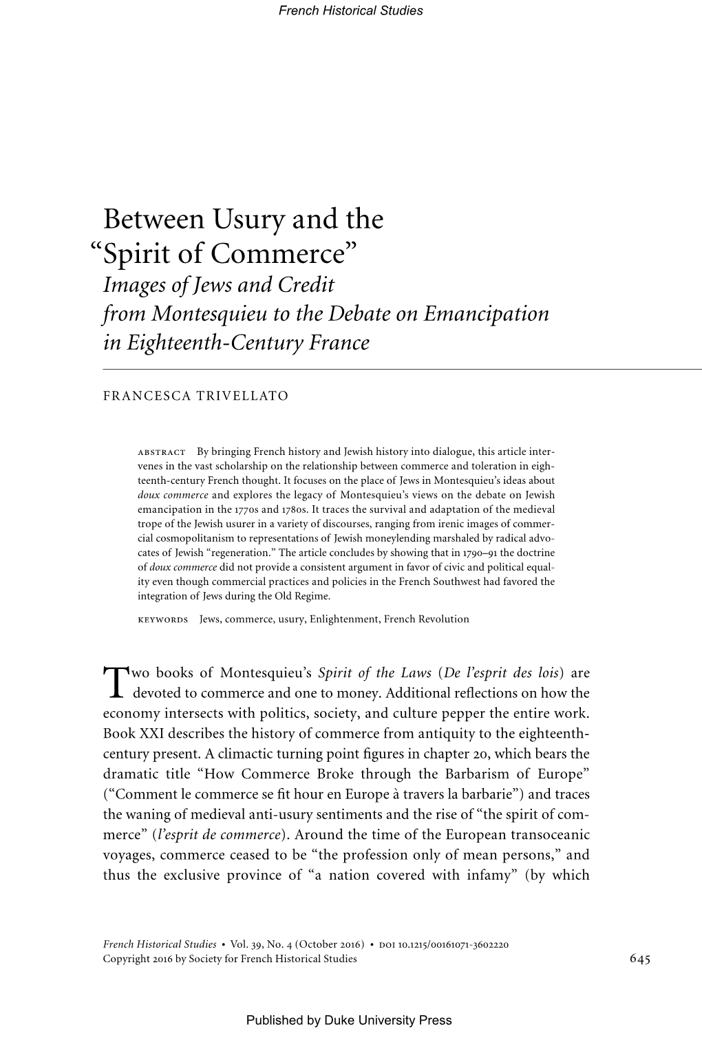 Between Usury and the “Spirit of Commerce” Images of Jews and Credit from Montesquieu to the Debate on Emancipation in Eighteenth-Century France