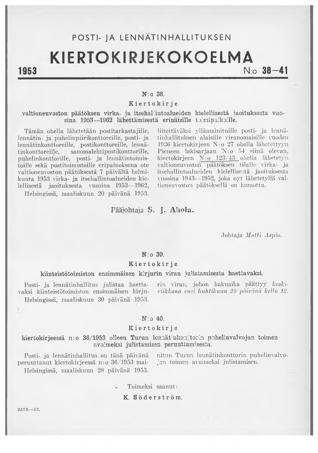 KIERTO KIRJEKOKOELMA 1953 N O 38-41