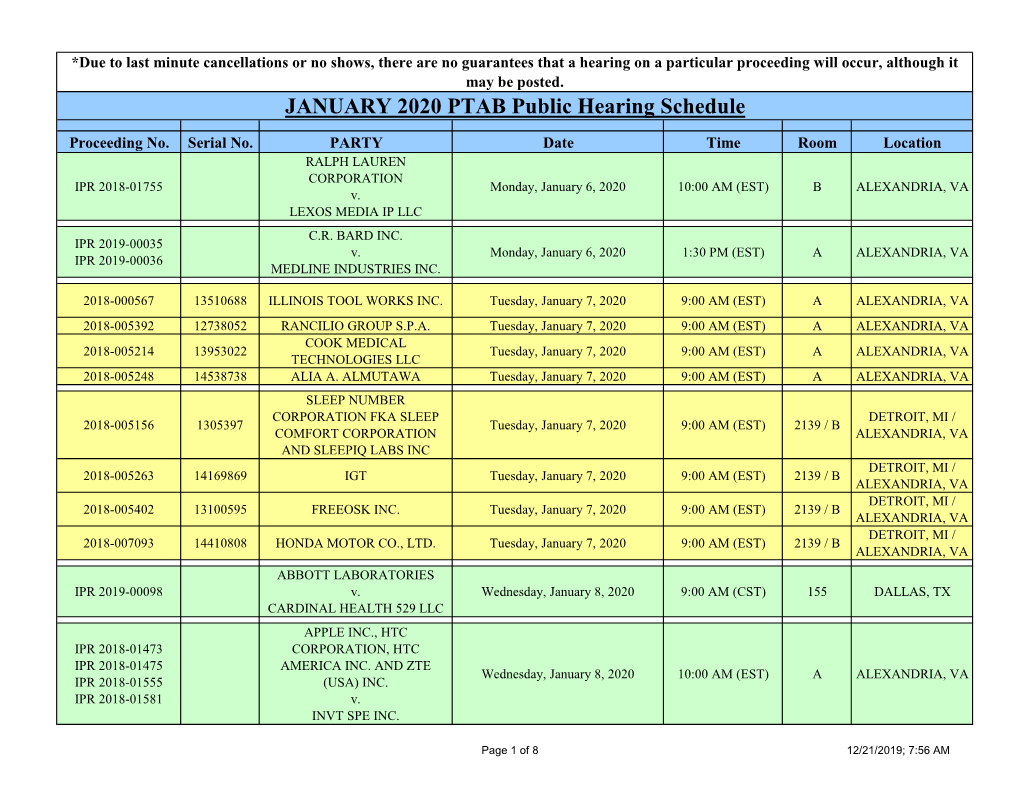 JANUARY 2020 PTAB Public Hearing Schedule