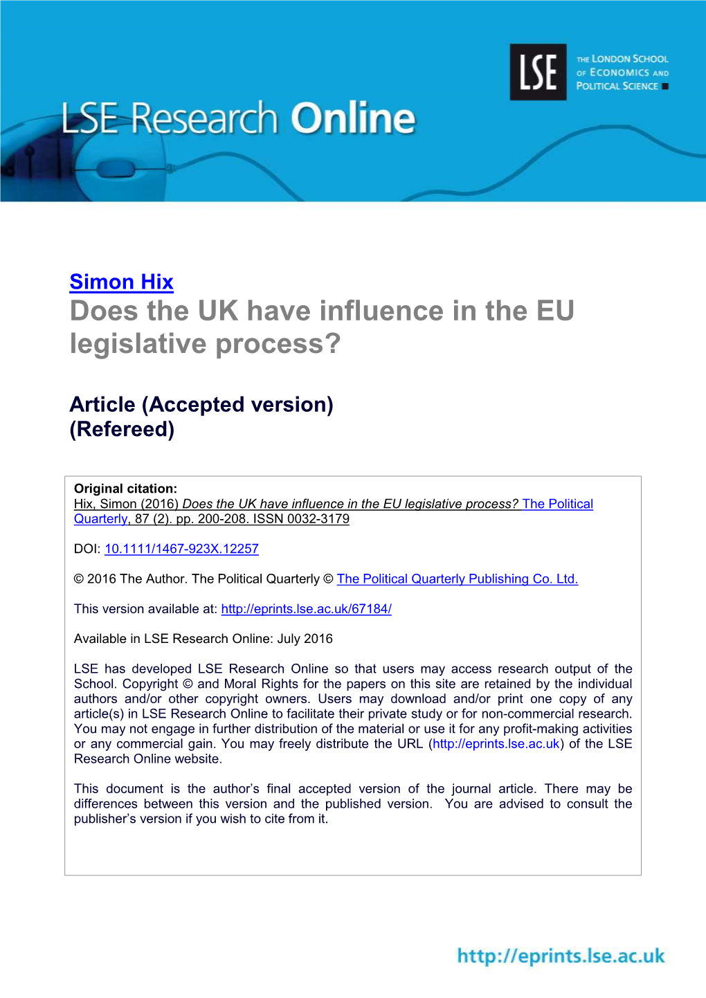Does the UK Have Influence in the EU Legislative Process?