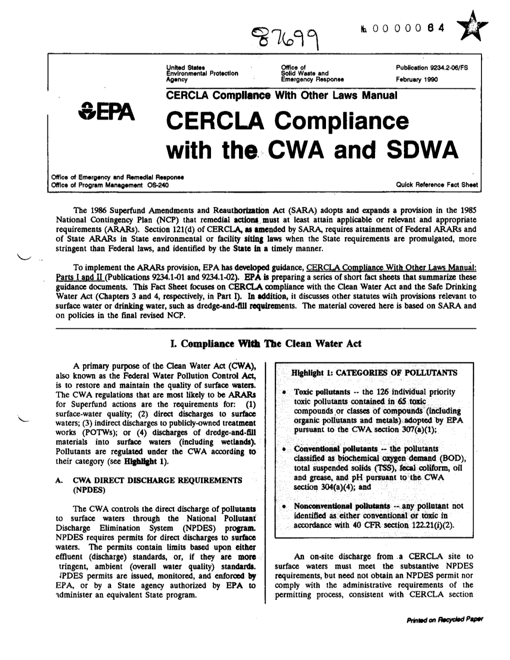 Cercla Compliance with Cwa & Swda